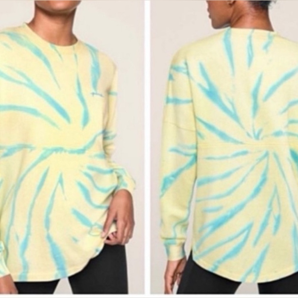 VICTORIA'S SECRET PINK YELLOW TEAL TIE DYE VARSITY CREW PULLOVER SWEATSHIRT - XS